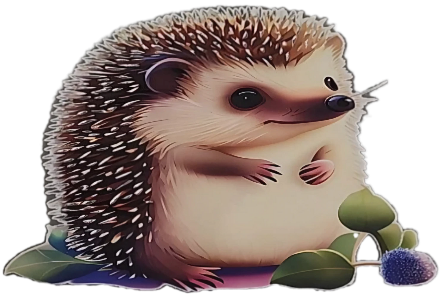 Vivid Hue DTF print hedgehog -
A charming DTF print of an adorable hedgehog with detailed quills and a soft, rounded body, sitting beside vibrant green leaves and a small purple berry. Its curious expression and lifelike shading make it perfect for adding a touch of cuteness to t-shirts, tote bags, or other accessories. Ideal for animal lovers or anyone looking to brighten their style!