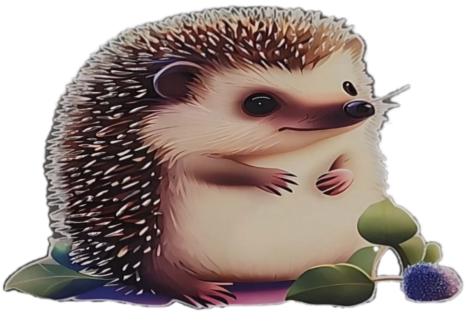 Vivid Hue DTF print hedgehog - 
A charming DTF print of an adorable hedgehog with detailed quills and a soft, rounded body, sitting beside vibrant green leaves and a small purple berry. Its curious expression and lifelike shading make it perfect for adding a touch of cuteness to t-shirts, tote bags, or other accessories. Ideal for animal lovers or anyone looking to brighten their style!