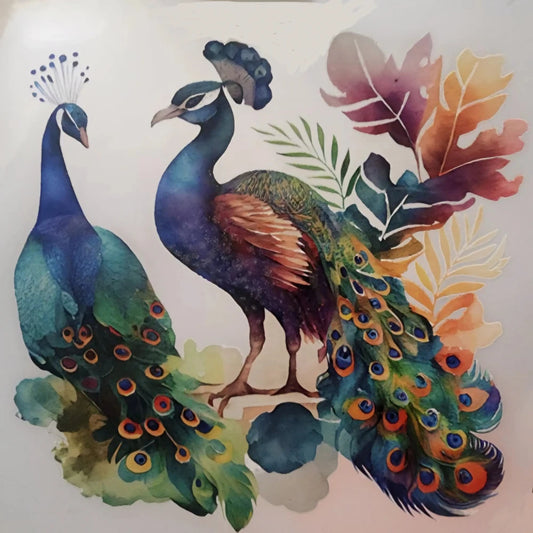 Vivid Hue DTF print blue peacocks -  beautiful DTF print featuring two vibrant peacocks surrounded by artistic, colorful foliage. The intricate details of their plumage showcase brilliant greens, blues, and golds, while the watercolor-style background adds an elegant, artistic flair. Perfect for clothing or accessories to make a bold, sophisticated statement.