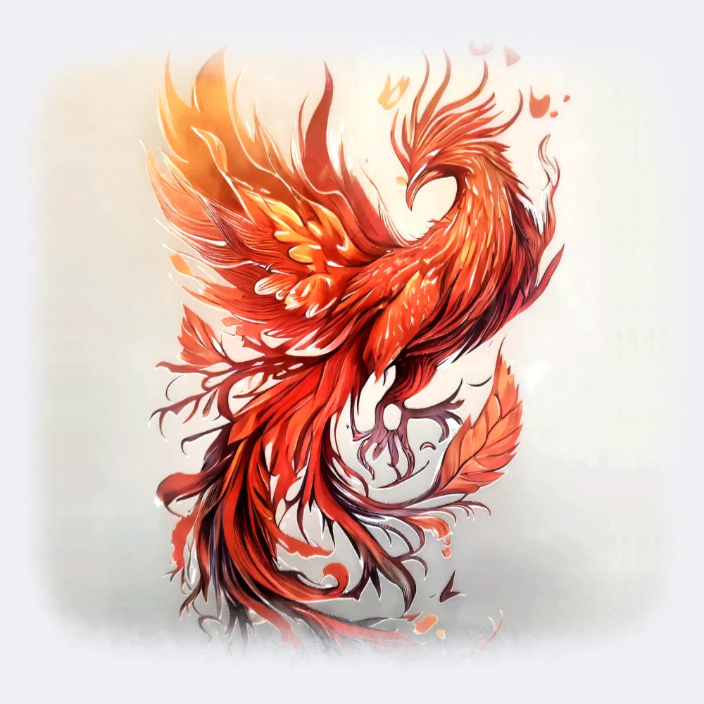 Vivid Hue DTF print phoenix vignette - A stunning DTF print showcasing a fiery red phoenix in mid-flight, with intricate feather details and vibrant flames. This design exudes energy and strength, making it a bold statement piece for apparel or accessories.